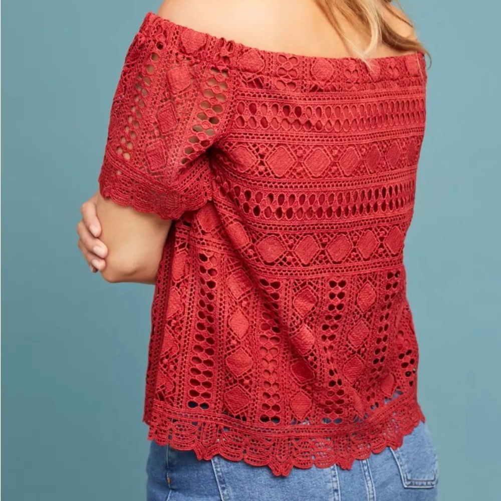 Anthropologie Sunday in Brooklyn Red Crochet Off-Shoulder Tunic NWT size Small
